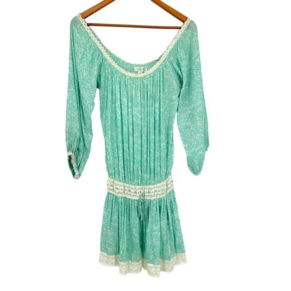 Poupette St Barth Off the Shoulder Light Green Floral and Lace Mini Dress XS - Picture 1 of 7